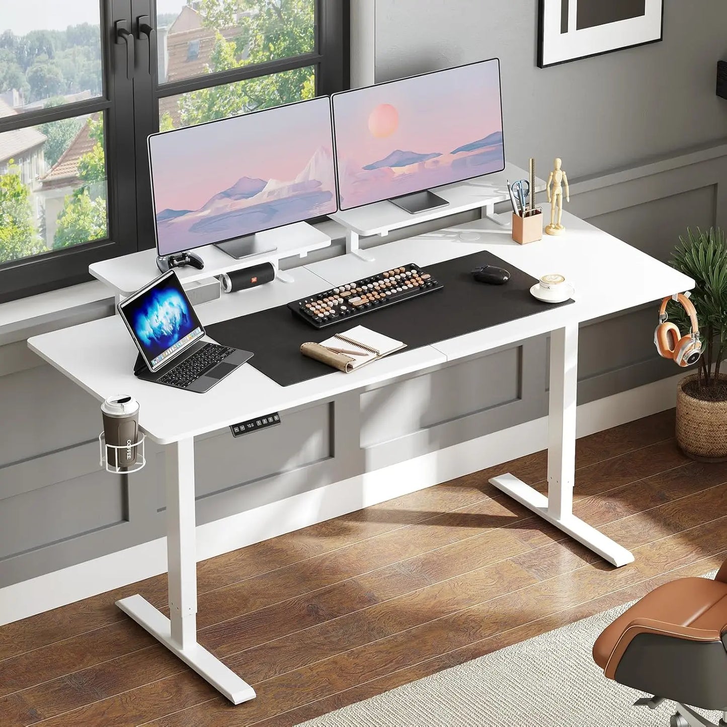 Standing Desk w/ 2 Adjustable Monitor Shelves,Electric Stand Up Desk with Memory Controller & Adjustable Height