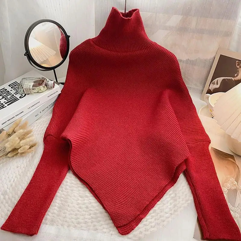 2025 Autumn Winter Women Fashion Irregular Loose Knit Sweater Vintage High Neck Long Sleeve Female Pullovers Chic Tops