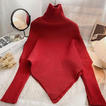 2025 Autumn Winter Women Fashion Irregular Loose Knit Sweater Vintage High Neck Long Sleeve Female Pullovers Chic Tops