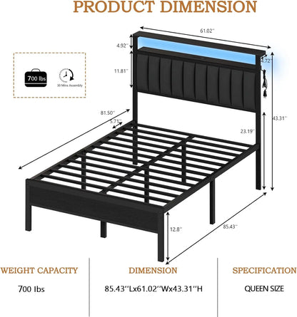 Queen Size Bed Frame with Charging Station and LED Lights, Platform Bed with Metal Slats, Grey Upholstered Headboard