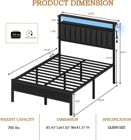 Queen Size Bed Frame with Charging Station and LED Lights, Platform Bed with Metal Slats, Grey Upholstered Headboard