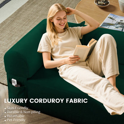 Sofa in a Box, No Assembly 3-Seater Floor Sofa Couch with 2 Pillows & Corduroy Fabric & Side Storage Pockets