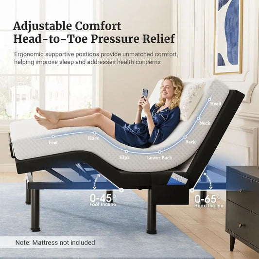 T600 Electric Adjustable Bed Frame with Remote, Massage, USB Ports, Pockets, Nightlight, Quiet Operation, Easy Assemb