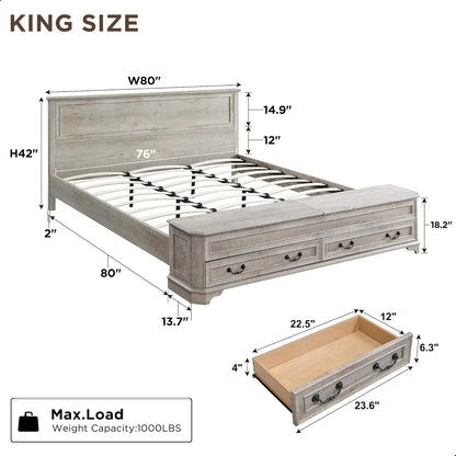 Farmhouse King Bed with Headboard and Storage Bench, Rustic Wood Platform Bed with 80" Storage Chest, Customized
