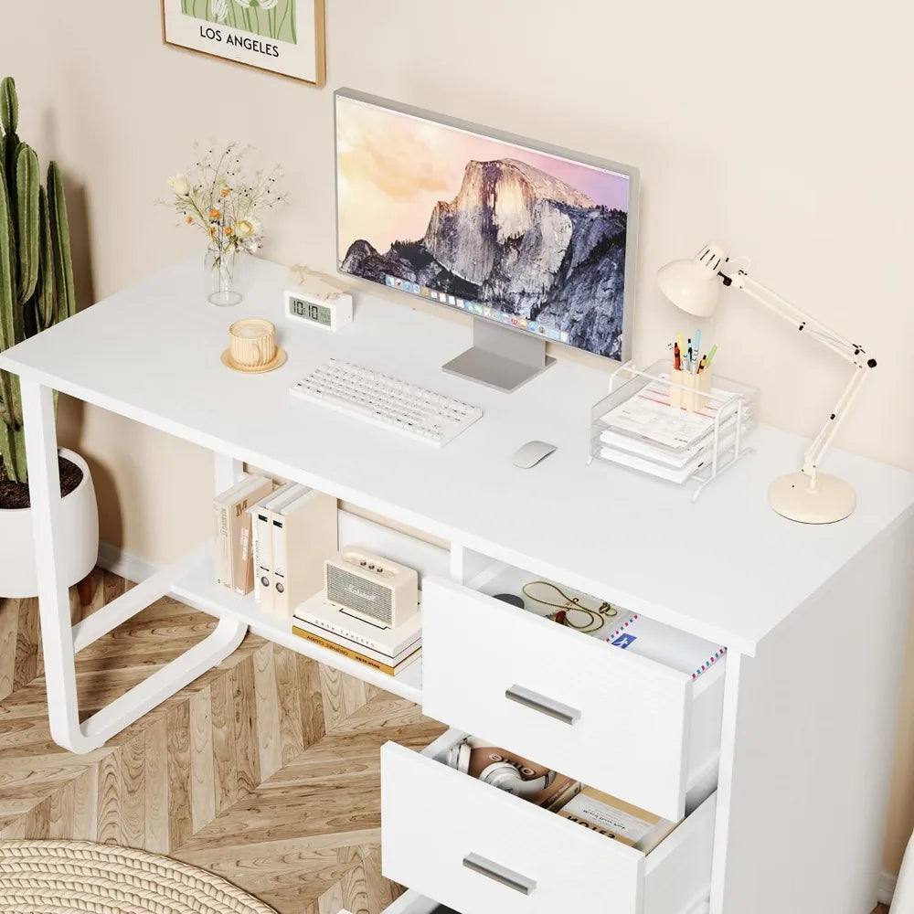 White Desk with 3 Drawers, 47 Inch Computer Desk with Drawers & Storage File Cabinet for Bedroom, Small Home Office Desk with