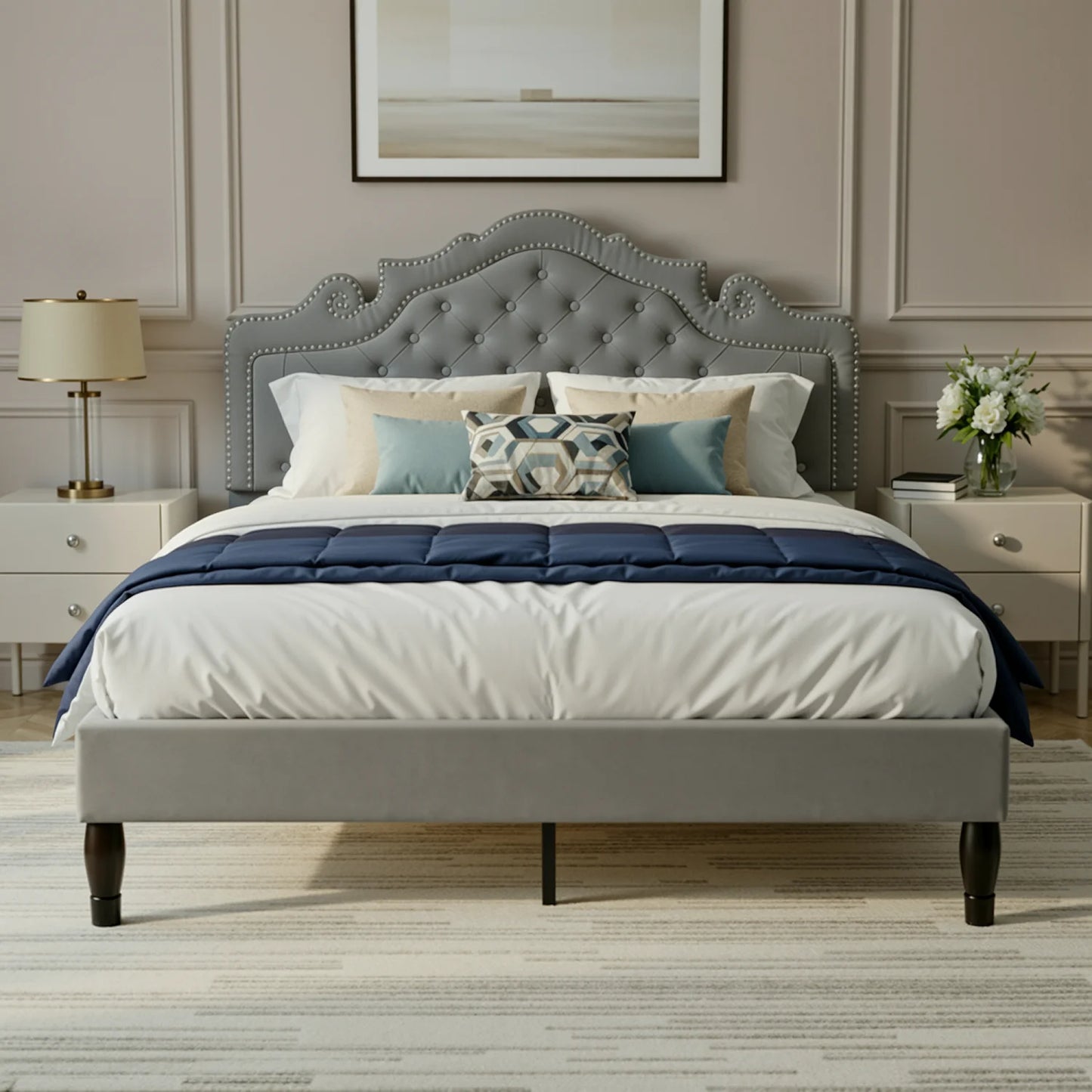 HOOMIC Full/Queen/King Size Velvet Bed Frame with Adjustable Tiara Headboard, Diamond Tufted Upholstered Platform Bed