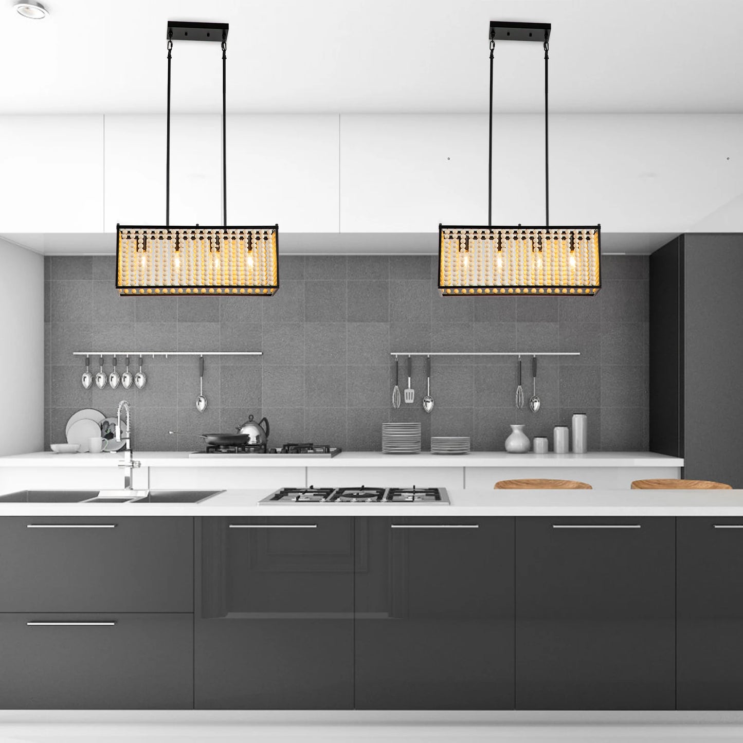 40W Wood Beaded Chandelier 110V Ceiling Mounted 4-Light Wood Beaded Chandelier Illumination 53.82-161.46ft²