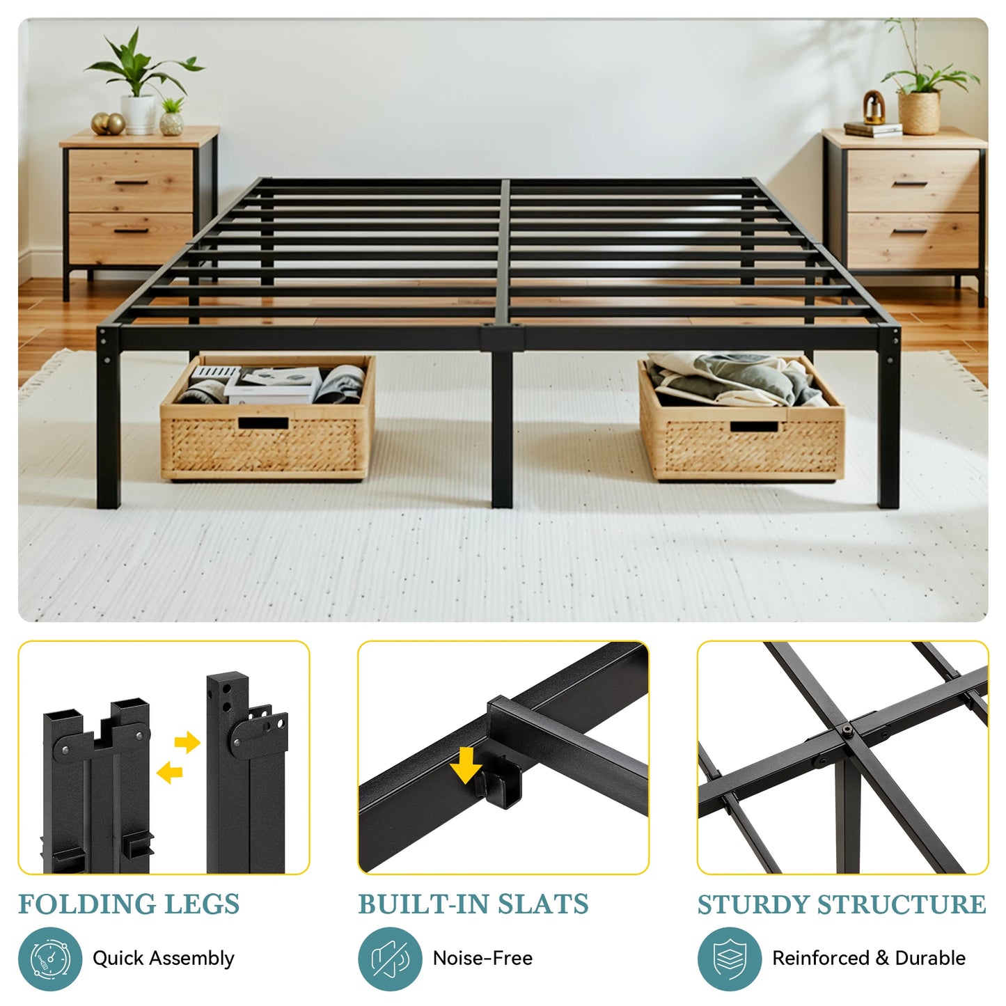 HOOMIC 14"  Twin/Full/Quen/King Metal Platform Bed Frame with Storage Space, No Box Spring Needed, Easy Assembly