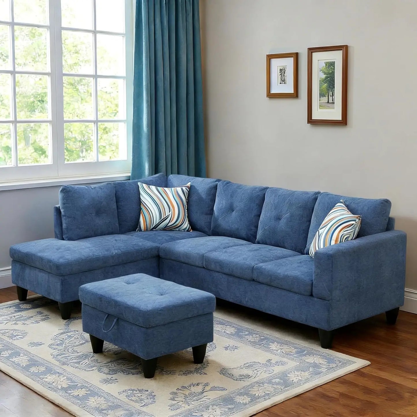 Blue L-Shaped Sectional Sofa with Movable Chaise & Storage Ottoman, Modular Convertible Couch for Living Room