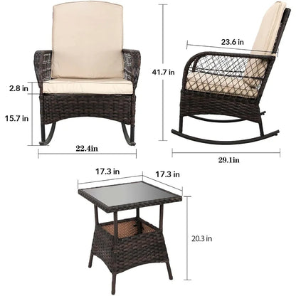 3 pcs Rocking Bistro Set Conversation Chairs PE Wicker Outdoor Rocking Chairs & Glass Table,for Porch Lawn Garden Backyard Deck