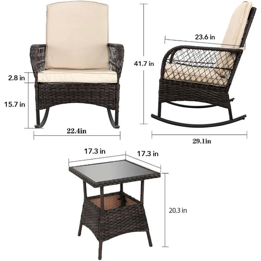 3 pcs Rocking Bistro Set Conversation Chairs PE Wicker Outdoor Rocking Chairs & Glass Table,for Porch Lawn Garden Backyard Deck