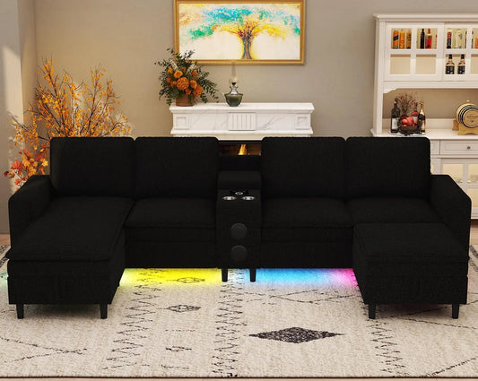 Sectional Couches for Living Room, 6 Seat Sectional Sofa with Bluetooth Speaker/RGB Light/Charging Station, Teddy, Customized