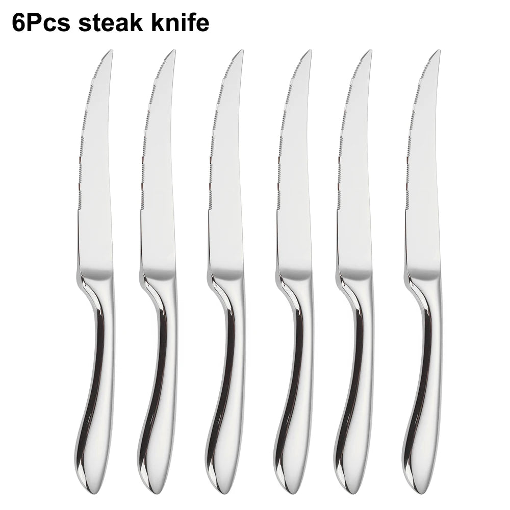 6/16/20/24Pcs Sliver Tableware Stainless Steel 304 Cutlery Set Mirror Knife Fork Spoon Western Dinner Set Smooth Handle Flatware