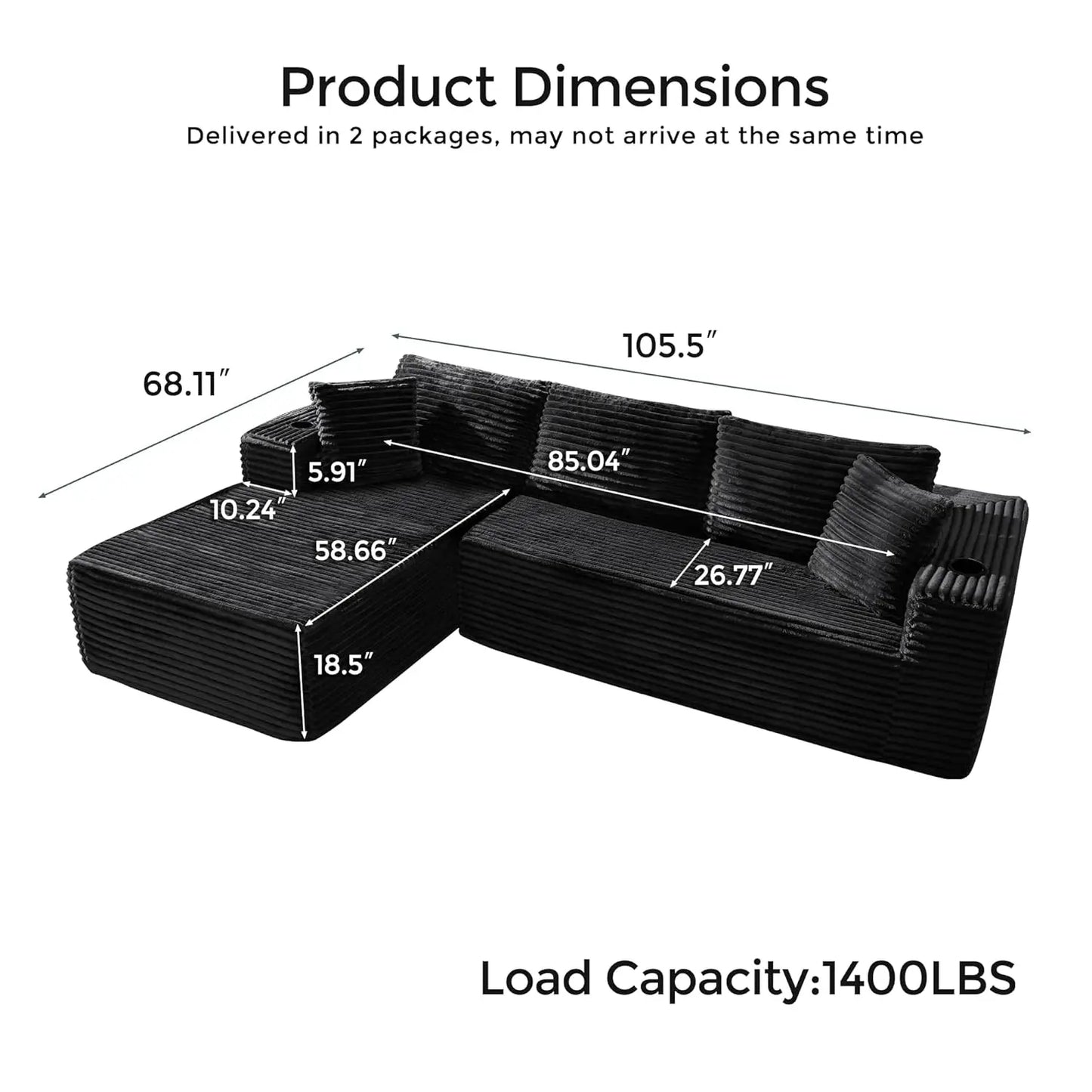 106" Cloud Couch Corduroy Modular Sectional Sofa L-Shape Boneless Couch with Wide Armrests and Cup Holders for, Customized