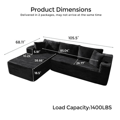 106" Cloud Couch Corduroy Modular Sectional Sofa L-Shape Boneless Couch with Wide Armrests and Cup Holders for, Customized