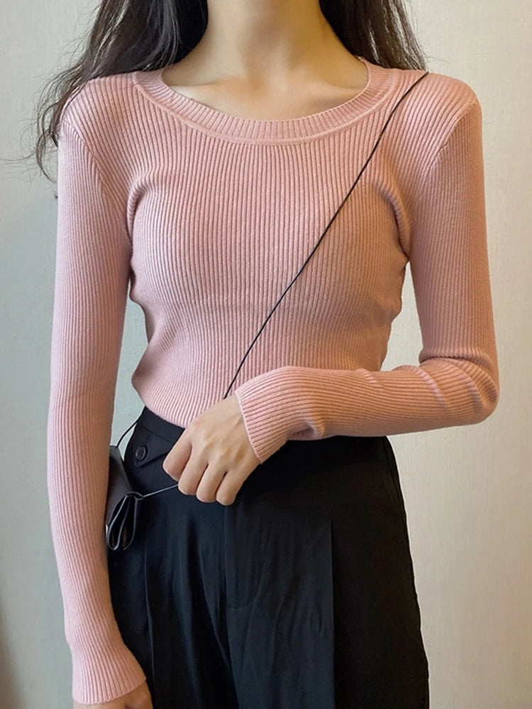 2025 New-coming Autumn Winter Tops O-Neck Pullovers Sweaters Primer shirt long sleeve Short Korean Slim-fit tight sweater