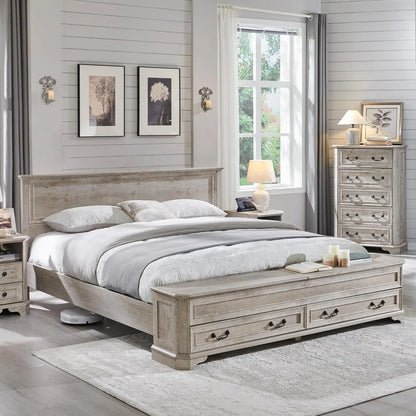 Farmhouse King Bed with Headboard and Storage Bench, Rustic Wood Platform Bed with 80" Storage Chest, Customized
