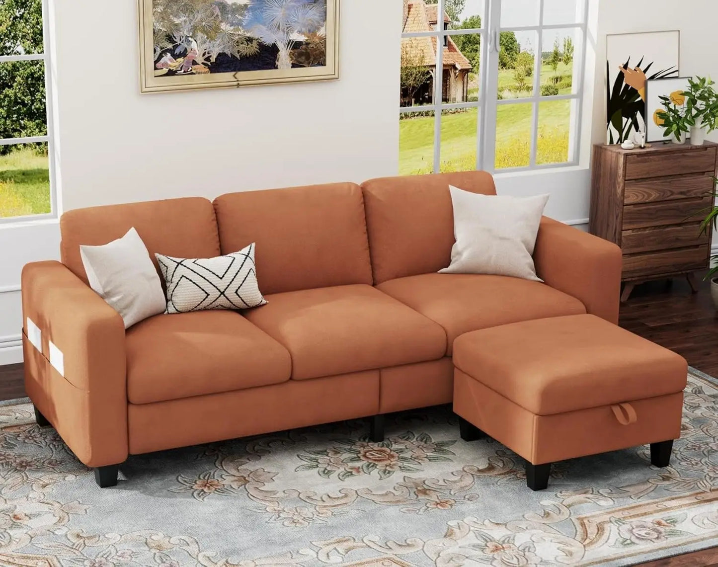 Sectional Couches for Living Room - Convertible L Shaped Couch with Storage Ottoman-Modern Linen Sofa 3 Seater, Customized