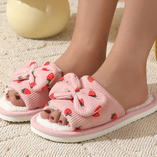 Lovely Girls Pink Strawberry Winter Home Slippers Soft Fur Furry Indoor Flat Shoes Woman Comfort Non Slip Bedroom Slippers Slide