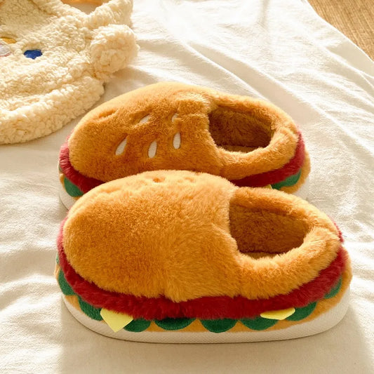 House Fuzzy Female Home Slippers Women Winter Warm Plush Burger Hamburger Indoor Funny Cute Floor Home Room Shoes Flat Casual