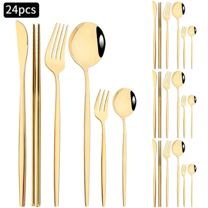24pcs Silver Stainless Steel Cutlery Set Mirror Dinnerware Set Fork Knife Spoon Chopsticks Tableware Teaspoon Cake Fork Flatware