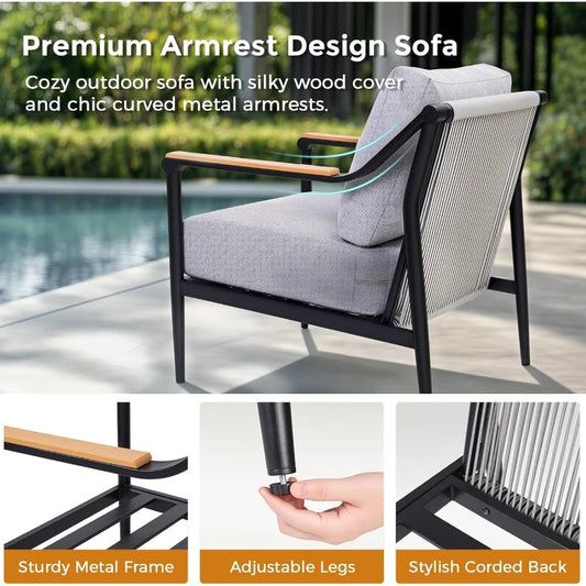 Outdoor Sofa Conversation Set for 4, 4-Seat Couch with Table, Metal Frame and Rope Woven Design, UV-Resistant and Waterproof