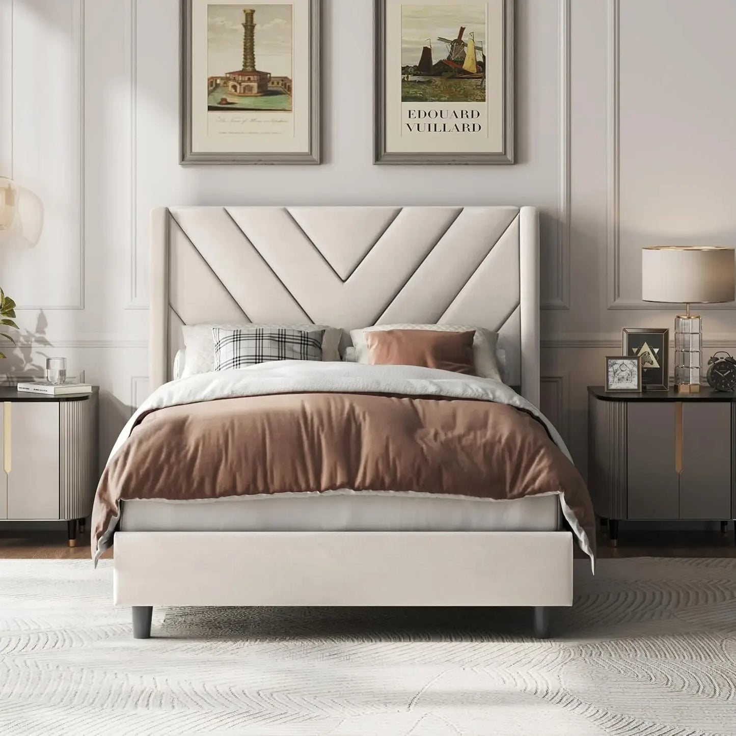 Bed Frame Upholstered Platform Bed with Wing Side/Wooden Slat Support/Tufted Headboard with Wing Side/Mattress Foundation