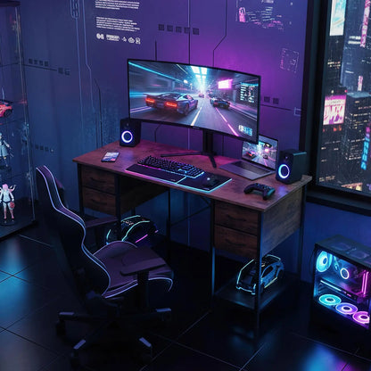 JHK Computer Desk 55 Inch with 4 Drawers Home Office Table with Mesh Shelf for Work Writing Gaming Storage Furniture for Bedroom