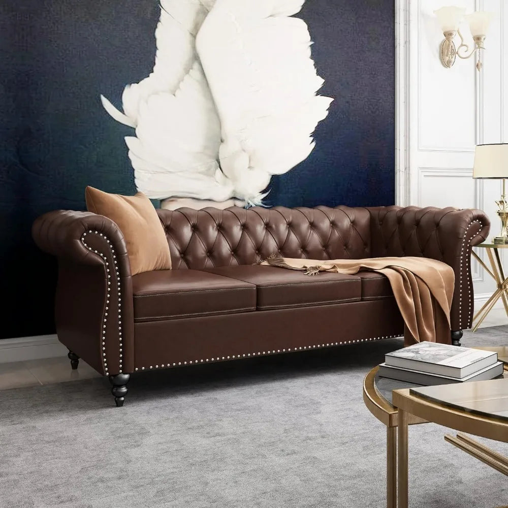 Chesterfield Leather Sofa 3 Seater Couch, Mid-Century Large Sofa Roll Arm Classic Tufted Settee Modern PU Sofa with Channel Tuf