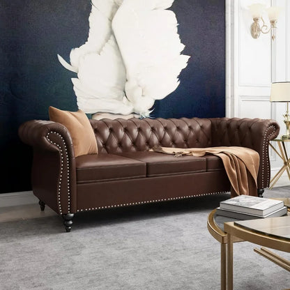 Chesterfield Leather Sofa 3 Seater Couch, Mid-Century Large Sofa Roll Arm Classic Tufted Settee Modern PU Sofa with Channel Tuf