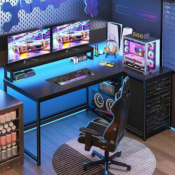 L Shaped Gaming Desk with LED Lights & Power Outlet, 48Inch Corner Computer Desk with Drawers Reversible Home Office Desks with
