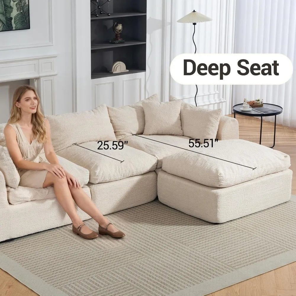 113" Cloud Modular Sectional Sofa - Comfy L-Shape Boneless Couch w/Ottoman & Deep Fluffy Seat, No Assembly Required,Customized