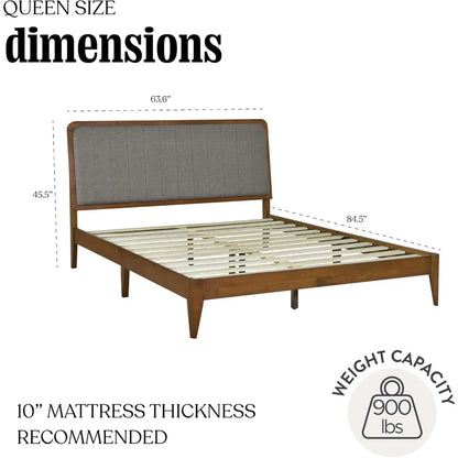 Casa Raven Solid Wood Queen Size Bed Frame - Mid Century Modern Style, Platform with Tufted Upholstered Adjustable Height Head