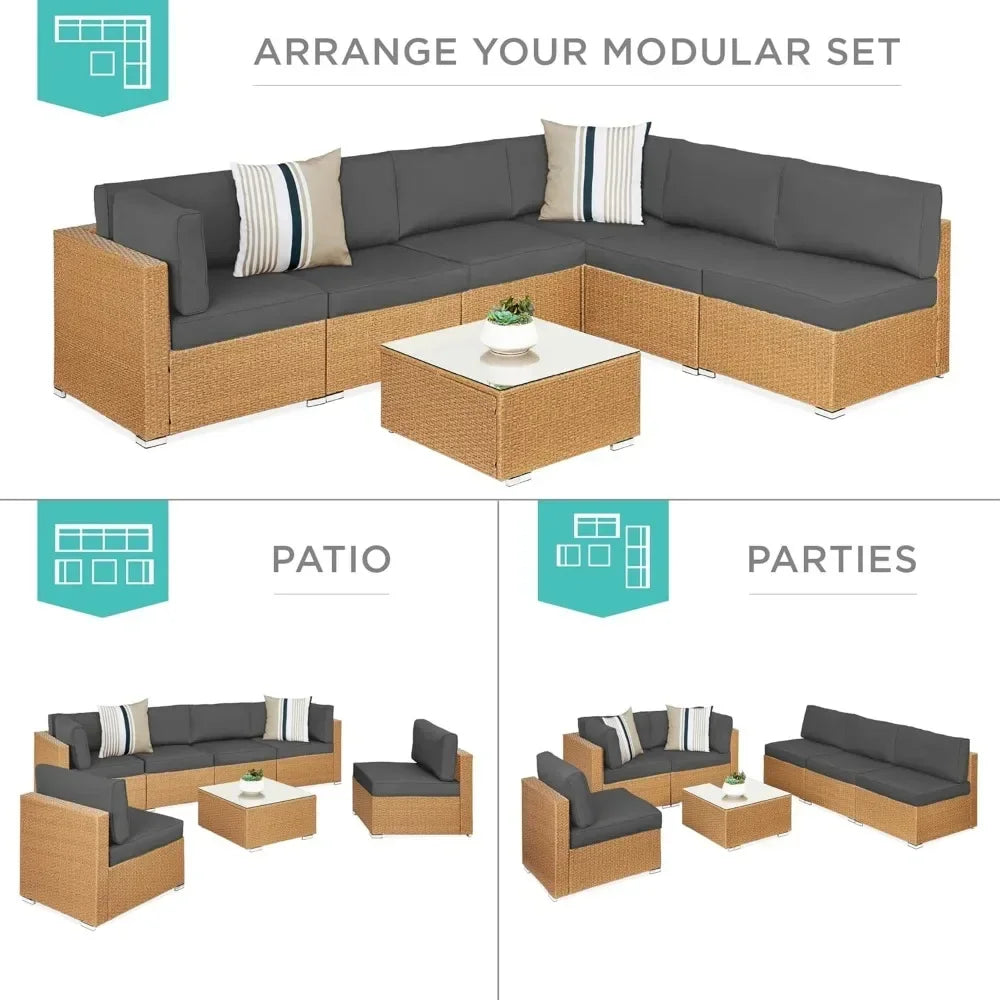 7-piece modular outdoor sectional wicker patio conversation set w/ 2 pillows, coffee table, cover included - natural/gray