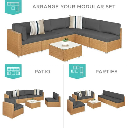 7-piece modular outdoor sectional wicker patio conversation set w/ 2 pillows, coffee table, cover included - natural/gray