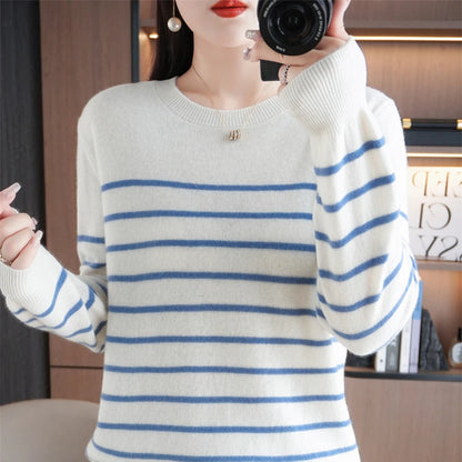 Spring Women's Pullover Sweater Striped Two-Color Sweater Long Sleeve Crewneck New 100% Cotton Pullover Sweater For Women-SMY257