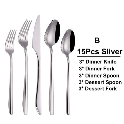 6/12/15/18/21 Pieces Sliver Cutlery Set Stainless Steel 304 Tableware Western Dinner Set Mirror Elegant Knife Fork Spoon