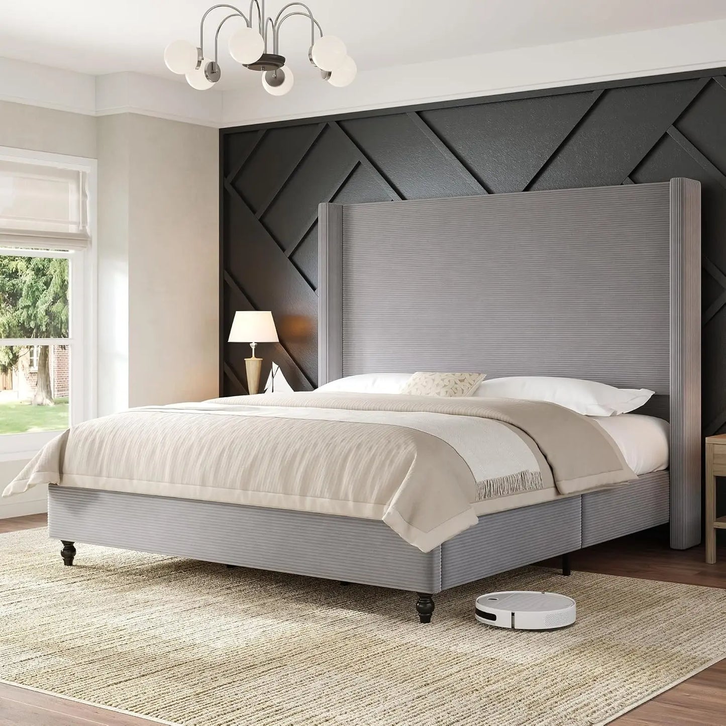 King Size Bed Frame With 65" Tall Headboard, Upholstered Corduroy Bed Frame With Wingback, Platform Bed With Solid, Customized
