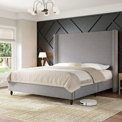King Size Bed Frame With 65" Tall Headboard, Upholstered Corduroy Bed Frame With Wingback, Platform Bed With Solid, Customized