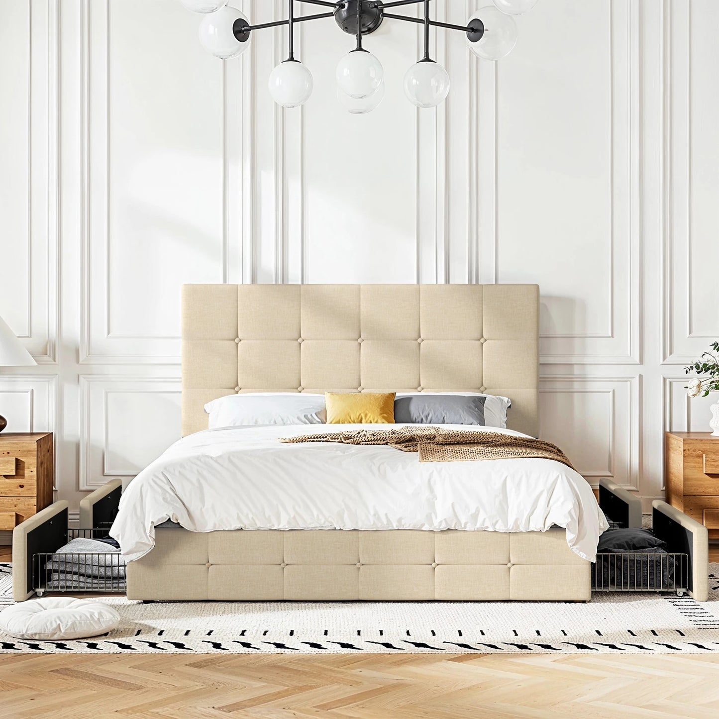 HOOMIC Platform Storage Bed Frame with 4 Drawers, Adjustable Headboard with Square Stitched Button Tufted Design Allewie