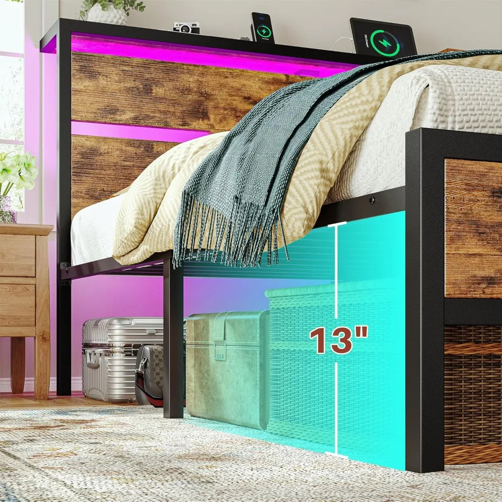 Bed Frame with Headboard,Bed Frame Queen Size with LED Lights & Charging Station & 13" Under Bed Storage, All-Metal Support