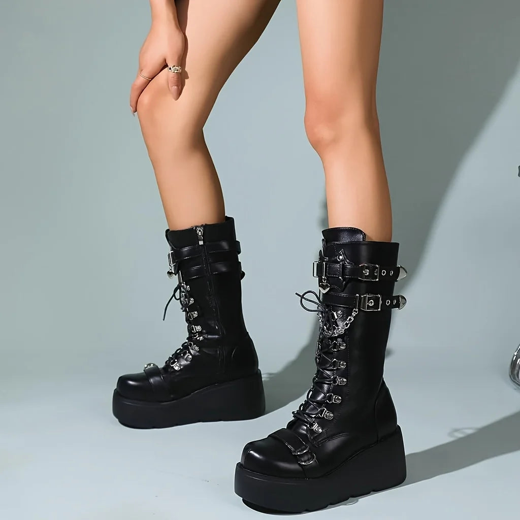 Women's Gothic Punk Combat Boots Wedge Heel Round Toe Mid-Calf Booties with Side Zipper Y2K Gothic Fashion LadiesDress Footwear,