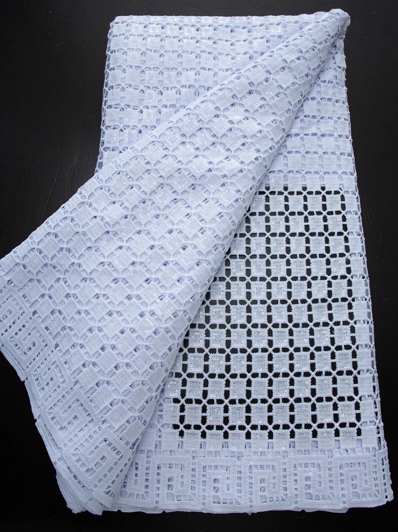 Pure White Nigerian Guipure Lace Fabric 2025 High Quality Water Soluble African Sequin Cord Lace Fabric for Party Dress Sew 4025