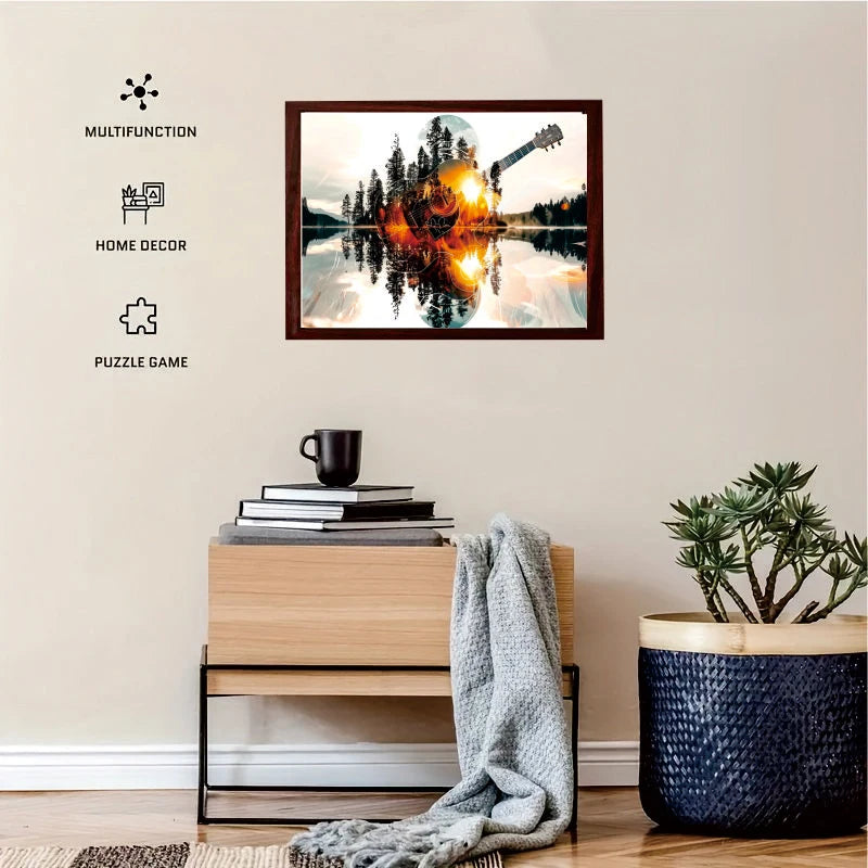 Adult Advanced Wooden Puzzle Game - Lake Reflection and Guitar and Forest Scenes, Thick and Durable Wood, Vibrant Sunset Color, Seamless Edge - Birthday, Halloween, Thanksgiving, Easter Natural and Music Theme DIY Puzzle - Ho