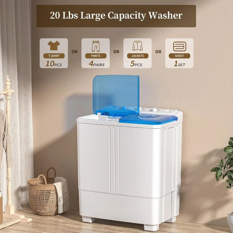 Portable Twin Tub Washing Machine with 20lbs Total Capacity: 12Lbs Washer and 8Lbs Spinner Dryer for Compact Laundry Solutions