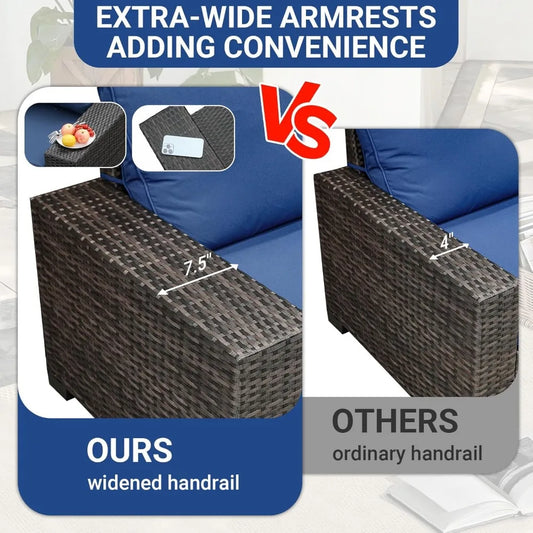 Patio Furniture Set, All-Weather Outdoor Wicker Sectional Sofa with Cushions, Tempered Glass Table & Ottoman,Rattan Conversation