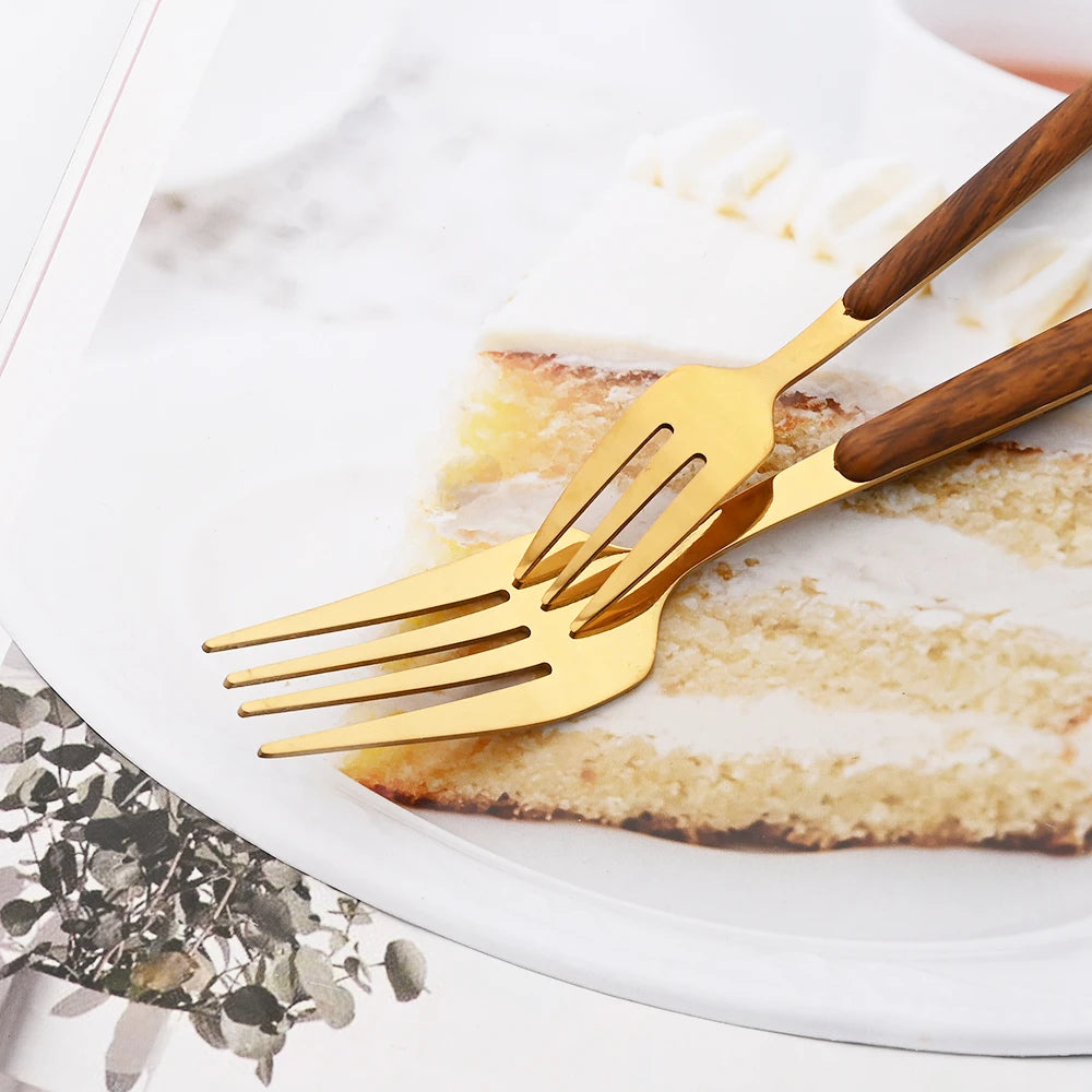 16/24/36Pcs Dinnerware Set Stainless Steel Imitation Wooden Handle Clamp Western Knife Fork Spoon Cutlery Tableware Silverware