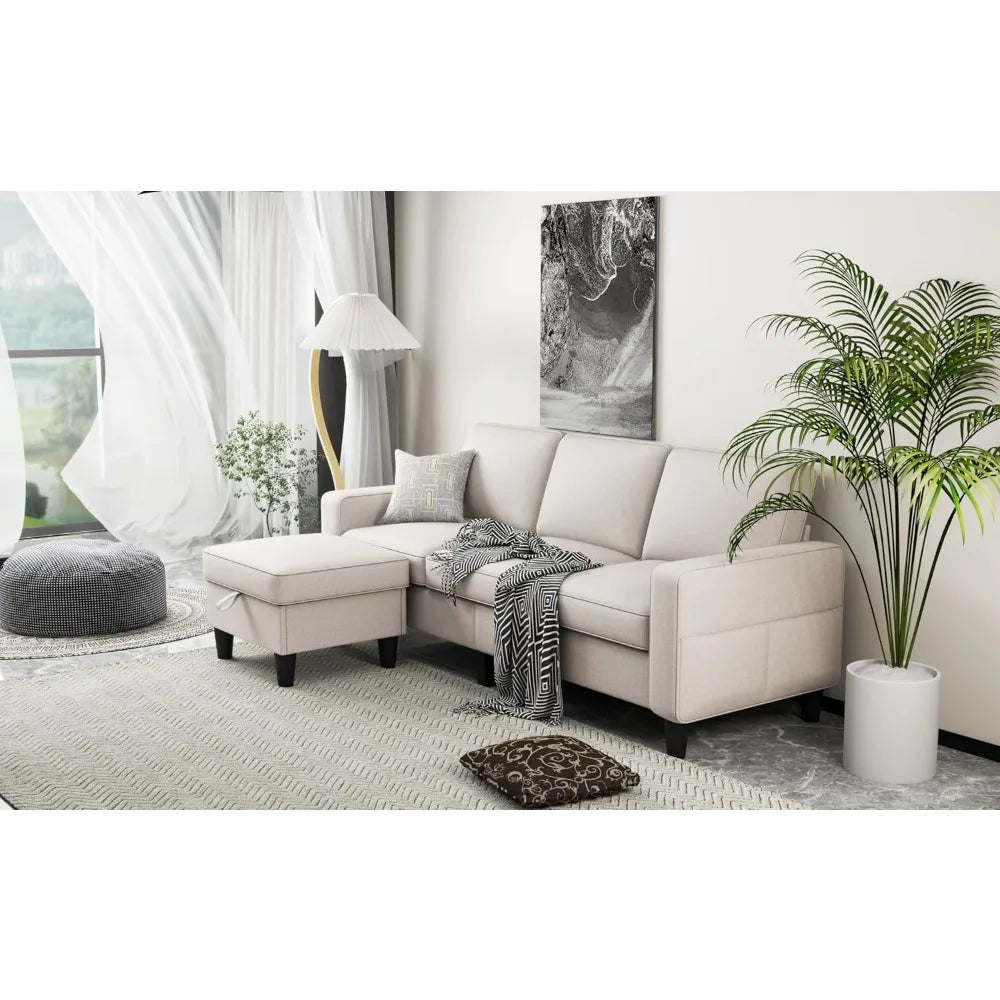 Couch for Living Room-78'' Beige Linen 3 Seat L-Shaped Sectional Sofa Couches with Storage Ottoman-Modern Small Space.Customized