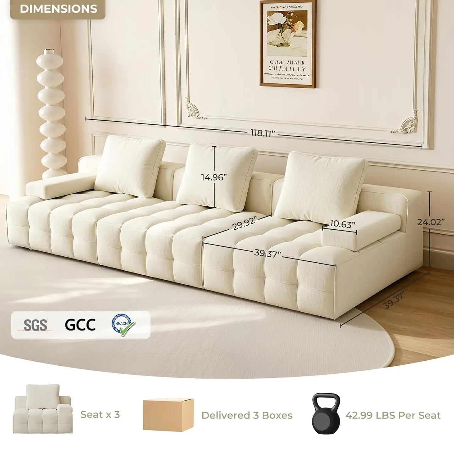 118" Modular Cloud Sectional Sofa, Boneless Couch for Living Room, 3-Seater Deep Seat Comfy Sectional Couch, No, Customized