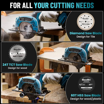 Seesii Cordless Mini Circular Saw 4-1/2" Electric Compact Circular Saw 5380RPM for Cutting Wood Plastic Soft Metal Power Tools